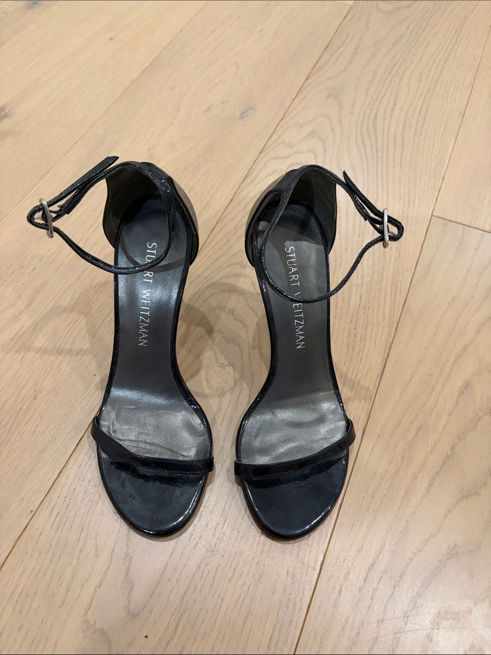 Stuart Weitzman Black Patent Leather Ankle-Strap Heels